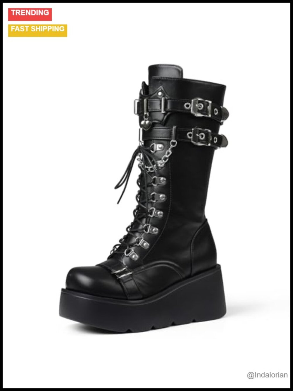 Chunky Heel Platform Boots Lace Up Mid Calf Wedge Combat Shoes